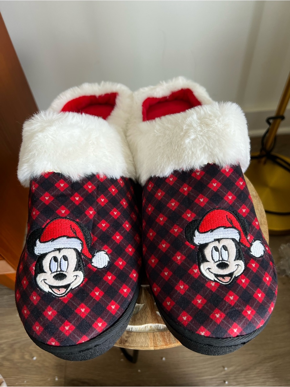 Disney Red Plaid Holiday Slippers with White Faux Fur Cuff